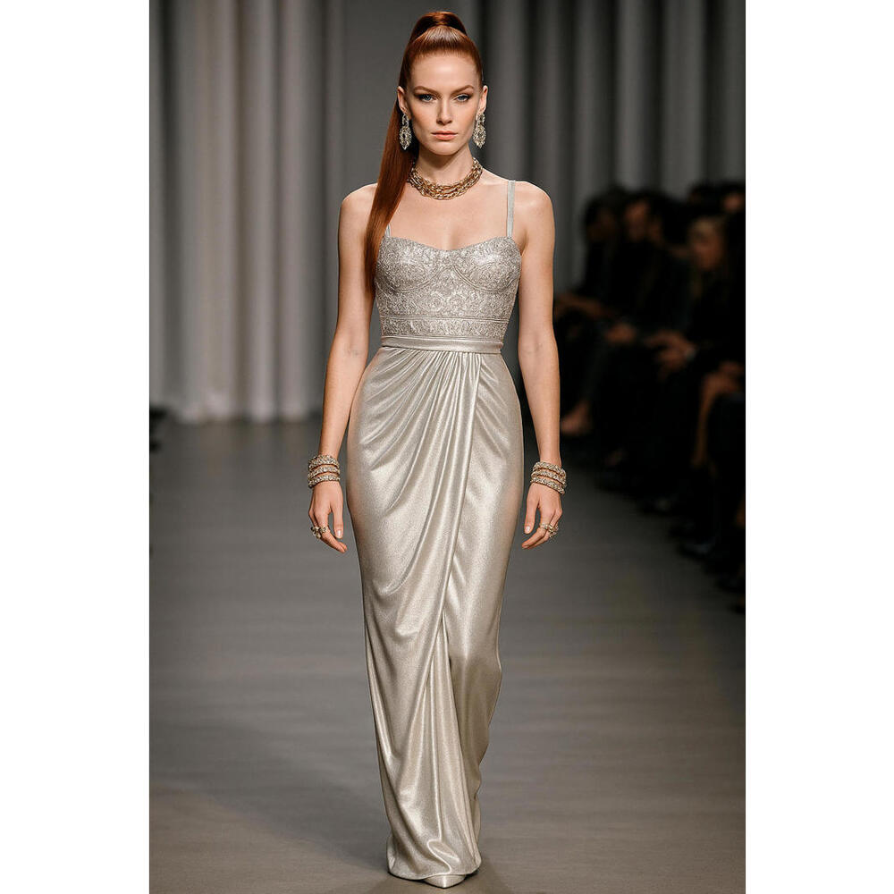 Mignon Gown Silver Champagne sz 12 Gathered Waist Prom Red Carpet Gala Elegant